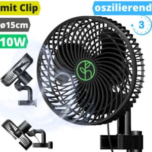 Ventilator Umluftventilator ø15cm 10W mit Clip Lüfter 3-Stufen Fan für Growbox